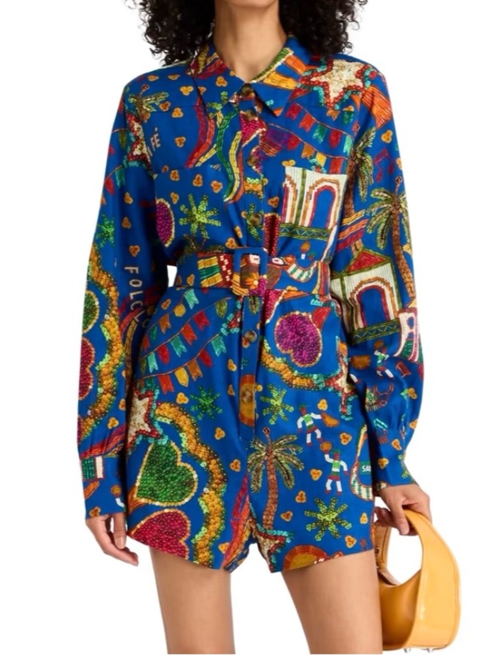 NEW RARE FARM Rio Folk Party Belted Romper Santa Fe Bull Folklore Blue Size S